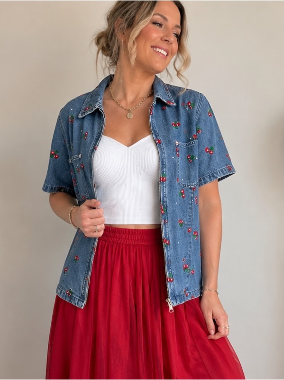 Quacker Factory Cherry Embroidered Rhinestone Denim Zip-Up Shirt Jacket